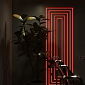 Modern Interior Featuring Red Neon Geometric Lines And Indoor Plant Decor Elements 3d model