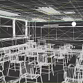 School Classroom Interior With Yellow Walls Blackboard Desks Chairs Clock And Windows