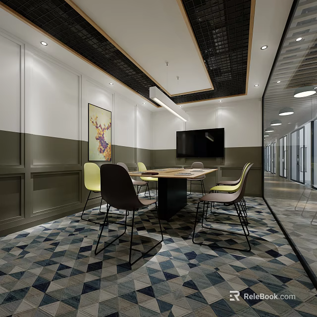 Modern Conference Room Interior With Wooden Table Colorful Chairs And Wall TV 3d model 