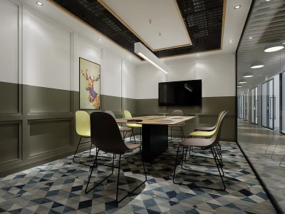 Modern Conference Room Interior With Wooden Table Colorful Chairs And Wall TV 3d model