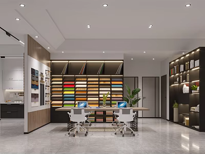 Modern Interior Space With Color Sample Display Shelves Work Table Chairs Plants And Bookshelves 3d model