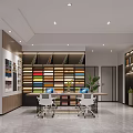 Modern Interior Space With Color Sample Display Shelves Work Table Chairs Plants And Bookshelves