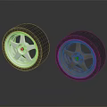 Two Stylish Tires With White And Bronze Wheel Rims On Reflective Dark Background