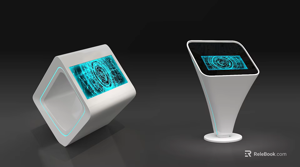 Public Facility Interactive Kiosks With Modern White Design And Blue Illuminated Screens 3d model 