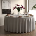 Elegant Round Dining Table Setup With White Tablecloth Purple Tulips Wine Glasses And Dinnerware 3d model