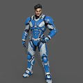 Men In Blue White And Gray Armored Suits Standing Pose Design