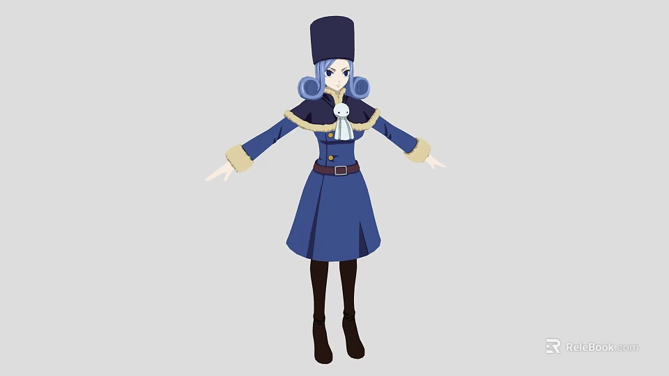 Woman With Blue Hair In Black Hat Blue Coat Dress With Belt Black Stockings Shoes 3d model 