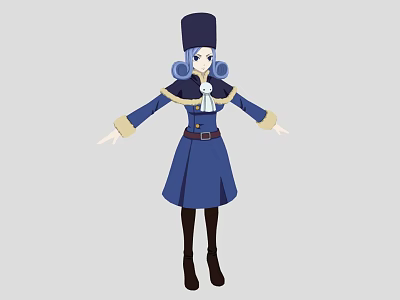 Woman With Blue Hair In Black Hat Blue Coat Dress With Belt Black Stockings Shoes 3d model