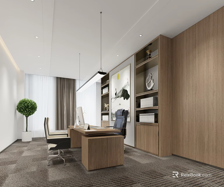 Modern Office Interior Design With Wooden Desk Office Chair Bookshelves And Potted Plant 3d model 