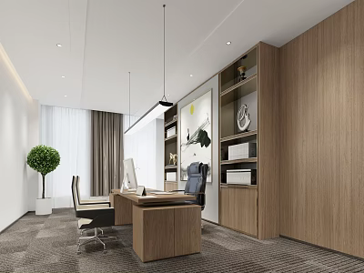 Modern Office Interior Design With Wooden Desk Office Chair Bookshelves And Potted Plant 3d model