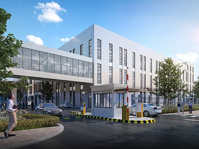 Modern Building Entrance Gate with Glass Curtain Wall Security Booth Vehicle Access Greenery and Pedestrians 3d model