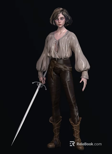 Medieval Fantasy Character In Light Blouse With Puffed Sleeves And Dark Leather Pants Holding Sword 3d model 