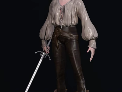 Medieval Fantasy Character In Light Blouse With Puffed Sleeves And Dark Leather Pants Holding Sword 3d model