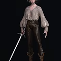 Medieval Fantasy Character In Light Blouse With Puffed Sleeves And Dark Leather Pants Holding Sword