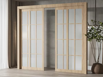 Sliding Doors with Wooden Frame and Frosted Glass Grid Design in Indoor Interior with Natural Light and Potted Plant 3d model