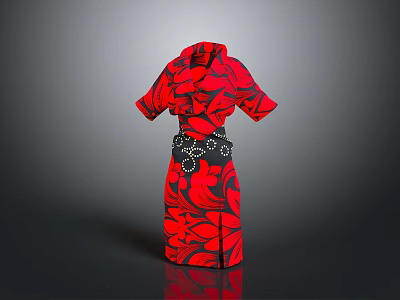 Stylish Red and Black Patterned Short Sleeve Dress with Decorative Black Belt 3d model