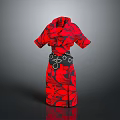 Stylish Red and Black Patterned Short Sleeve Dress with Decorative Black Belt
