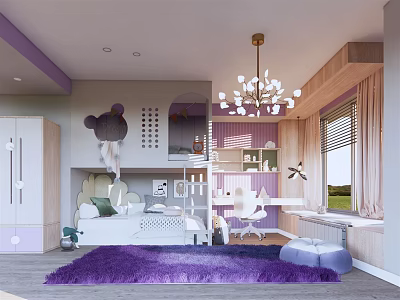 Kids Room Interior Design With Purple Rug Chandelier White Furniture Window And Storage Decor 3d model