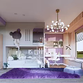 Kids Room Interior Design With Purple Rug Chandelier White Furniture Window And Storage Decor