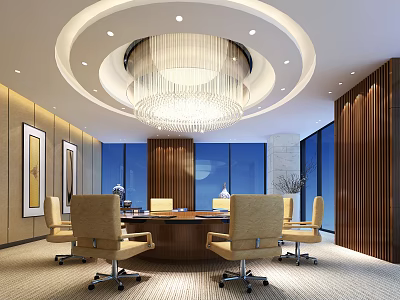 Modern Conference Room Interior with Round Table Yellow Chairs Chandelier Large Windows and Wooden Panels 3d model