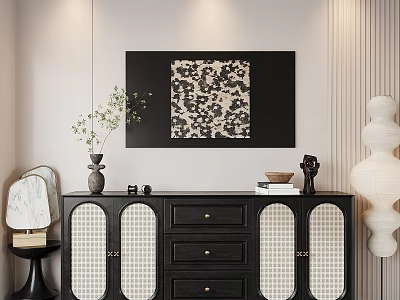 Modern Black Decorative Cabinet With Grille Doors Drawers Vase Artwork And Floor Lamp 3d model