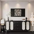Modern Black Decorative Cabinet With Grille Doors Drawers Vase Artwork And Floor Lamp