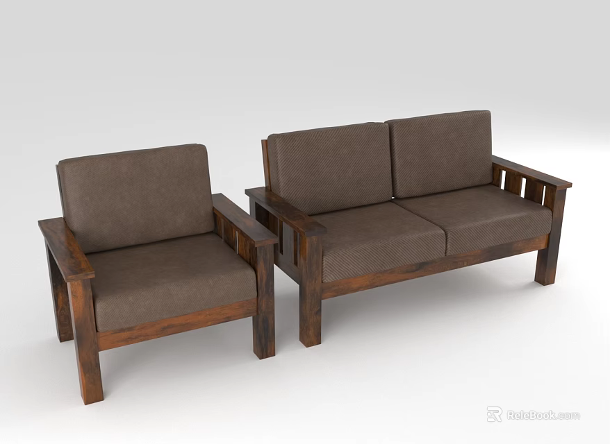 Brown Single Armchair And Two Seater Sofa Furniture With Wooden Frame And Fabric Cushions 3d model 