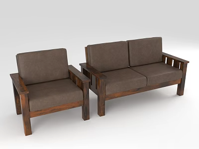 Brown Single Armchair And Two Seater Sofa Furniture With Wooden Frame And Fabric Cushions 3d model