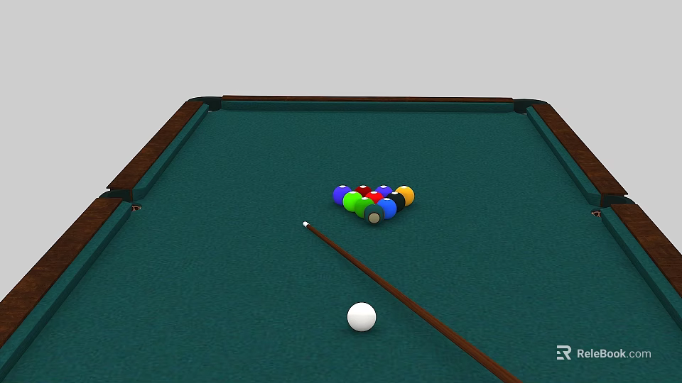 Green Felt Billiard Table With Colorful Balls And Wooden Cue Stick 3d model 