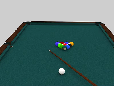 Green Felt Billiard Table With Colorful Balls And Wooden Cue Stick 3d model