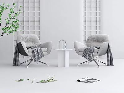 Modern Casual Sofa Set with Light Gray Chairs Blanket Side Table Green Plant and White Grid Wall 3d model
