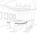 Modern Conference Room With Long Table White Chairs Ceiling Lights And Wall Paintings