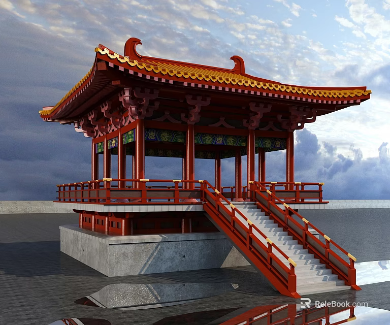 Chinese Traditional Pavilion With Red Roof Yellow Decorations Stone Base Stairs And Railing 3d model 
