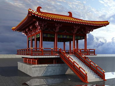 Chinese Traditional Pavilion With Red Roof Yellow Decorations Stone Base Stairs And Railing 3d model