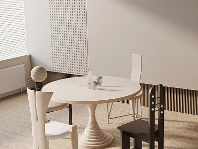Round White Dining Table Set With Black And White Chairs In Minimalist Interior Space 3d model