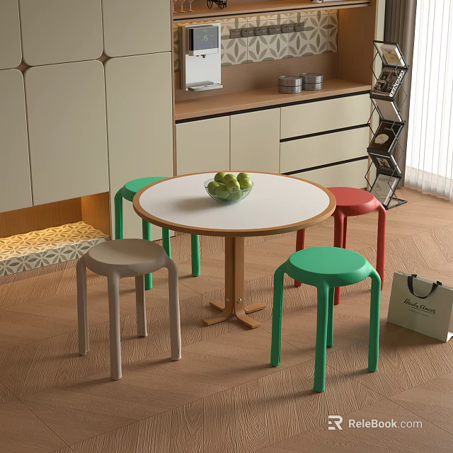 Modern Simple Kitchen Corner With Round Table And Colorful Green Red Beige Stools 3d model