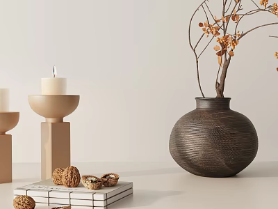 Modern Natural Style Decorative Ornament Set With Wooden Vase Candle Holder And Twigs On Books 3d model