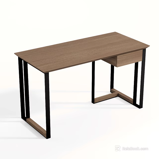 Modern Wooden Desk With Black Metal Legs And Single Drawer Design 3d model 
