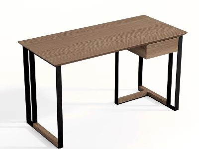 Modern Wooden Desk With Black Metal Legs And Single Drawer Design 3d model