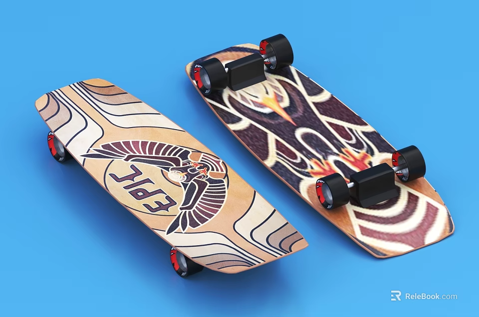 Two Modern Skateboards with Colorful Patterns and Red Wheels on Blue Background 3d model 