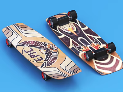 Two Modern Skateboards with Colorful Patterns and Red Wheels on Blue Background 3d model