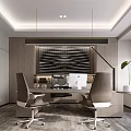 Modern Office Interior Design With Wooden Desk Leather Sofa Artwork And Large Windows