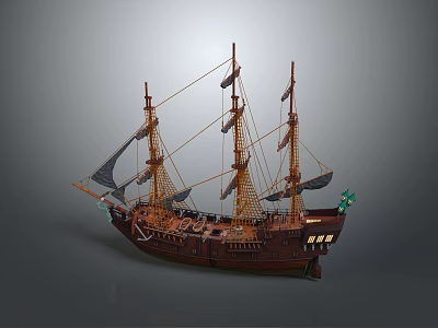 Wooden Sailing Ship With Multiple Masts Black Sails And Detailed Hull Decoration 3d model