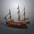 Wooden Sailing Ship With Multiple Masts Black Sails And Detailed Hull Decoration
