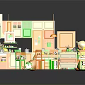 Cartoon Kitchen Scene with Orange and Green Cabinets Island Dining Table Chairs and Kitchen Utensils