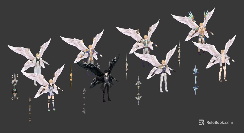 Game Movie Characters with White and Black Wings Various Weapons Staves and Multiple Poses 3d model 