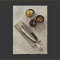 Marble Countertop With Wooden Board Salami Chef Knife Bowls Of Chips Red Veggies And Nuts