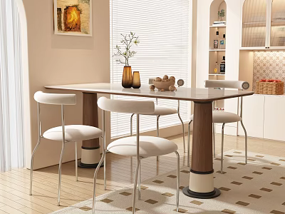 Modern Dining Room Interior With Wooden Table White Chairs Decorative Vase Shelves And Patterned Floor 3d model