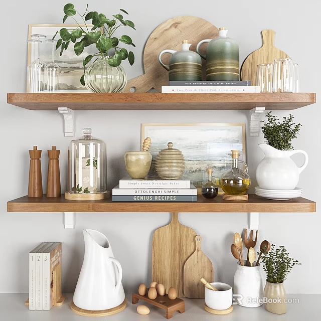 Organized Kitchenware Display on Wooden Shelves with Jars Cutting Boards Plants and Cookbooks 3d model 