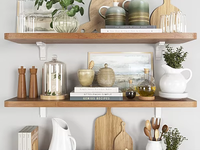 Organized Kitchenware Display on Wooden Shelves with Jars Cutting Boards Plants and Cookbooks 3d model